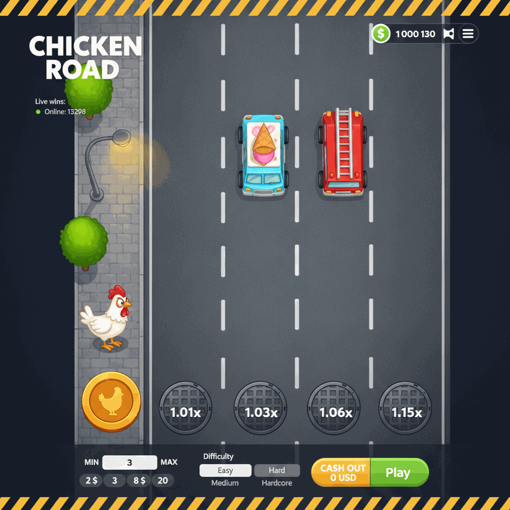 Chicken Road Crash-Spiel: weißes Cartoon-Huhn mit rotem Kamm überquert von oben betrachtete mehrspurige dunkle Asphaltstraße mit weißen Fahrbahnmarkierungen, umgeben von grünen Bäumen und urbaner Szenerie, Kanaldeckel zeigen Multiplikatoren, InOut Provider