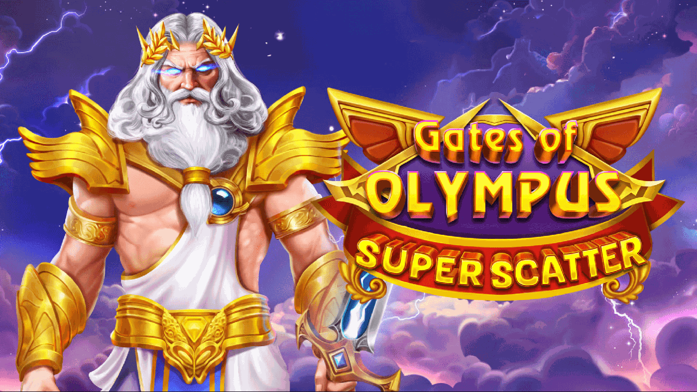 Gates of Olympus Super Scatter: göttliche Zeus-Figur mit goldenen Flügel-Schulterplatten vor rosa-violettem Himmel, umgeben von Multiplikator-Kristallen und dem Scatter-Symbol